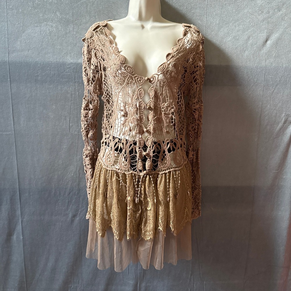 Ryu Crochet Lace Tiered Dress Cardigan Brown S/M NWT Y2K Fairycore Boho Festiva - Picture 3 of 16